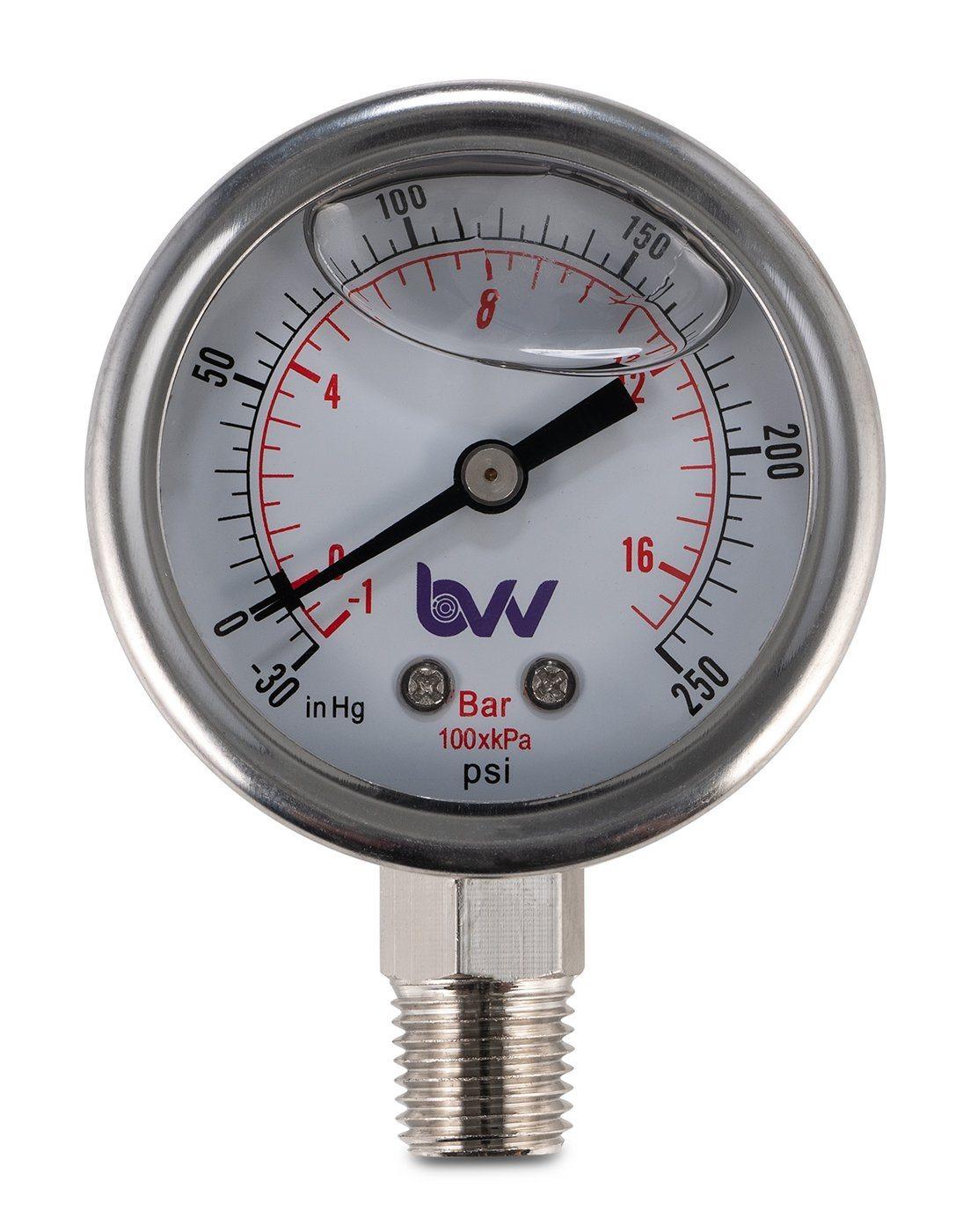 Glycerin Filled Compound Gauge with 1/4" NPT Base - (-30)-250 PSI - BVV High Desert Scientific