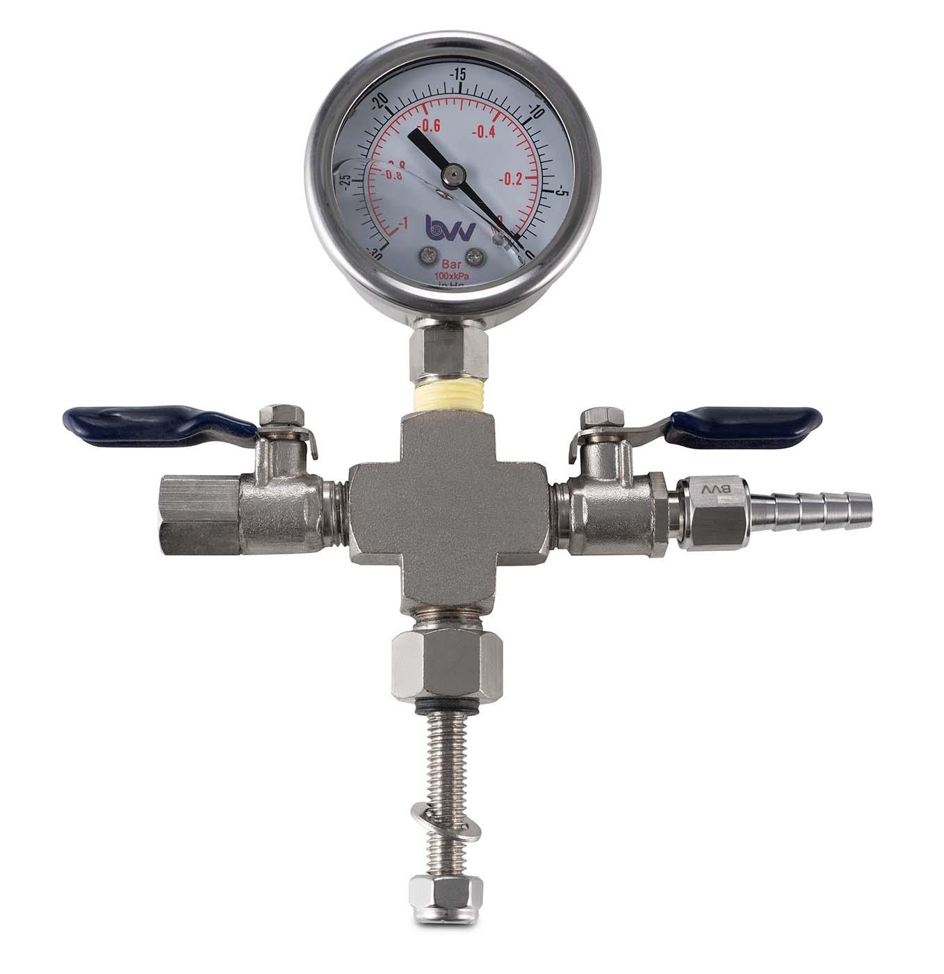 Valve Manifold - Cross with Hose Barb and Vacuum Gauge - BVV High Desert Scientific